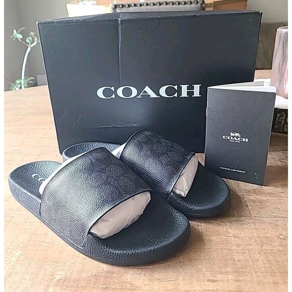 Coach Womens Signature Sports Slide UDELE Monogram Coated Canvas Black 9 NEW - Picture 1 of 9